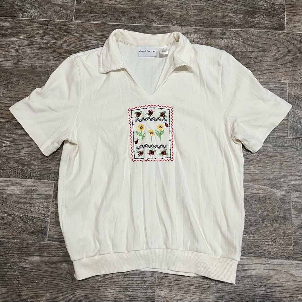 Cream Embroidered Floral Collared Pullover